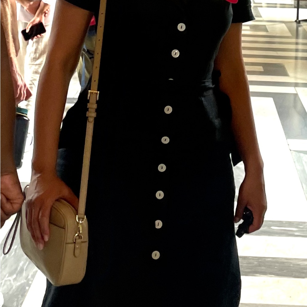 Quince Black Midi Dress with White Buttons